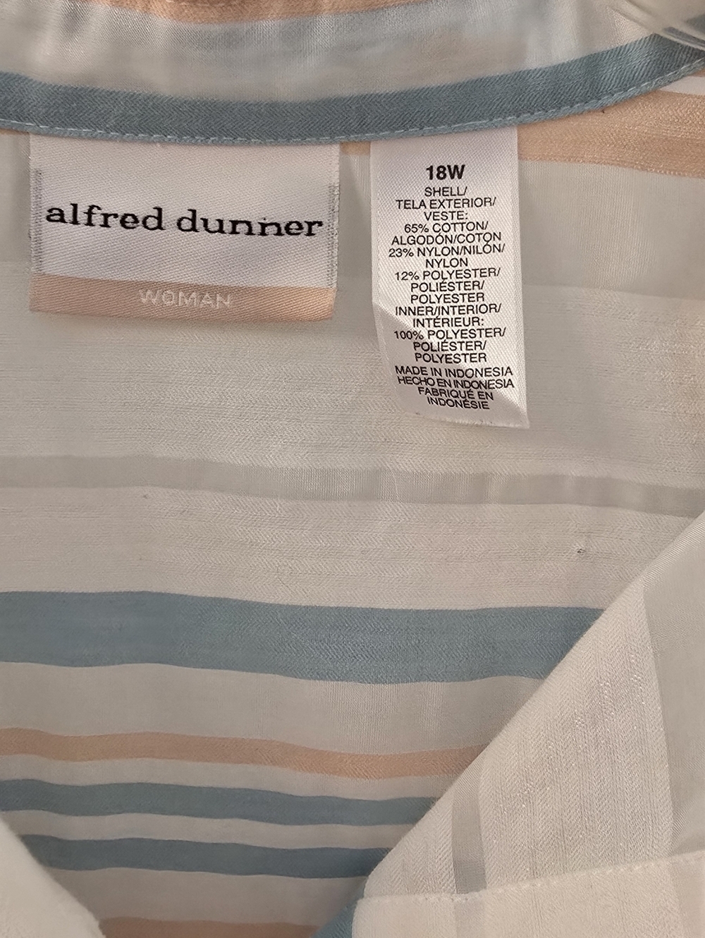Alfred Dunner Cream Button-Up Shirt with Peach & Blue Stripes, Size 18W (310) - Picture 6 of 8
